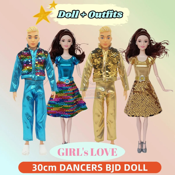 30cm 12"BJD Figure Doll, Boy + Girl Dancers with Clothes and Shoes Accessories - 1/6 Scale Movable Model DIY Best Gift Child Toy