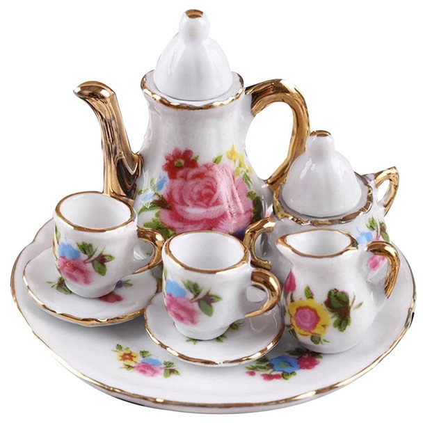 1:12 Miniature Porcelain Tea Cup Set Ceramic Tableware Teapot Kitchen Dollhouse Accessories Doll House Decor