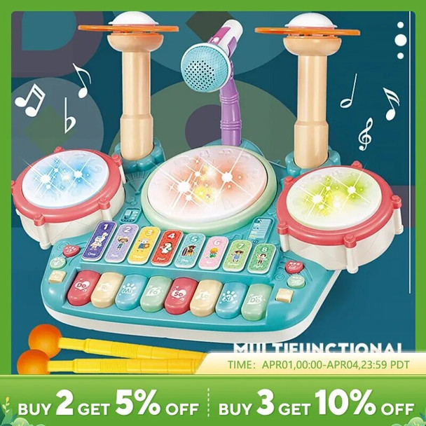 Kids Drum Set Toy for 3 Year Old Girl with Musical Instruments Microphone Lights Piano Keyboard Early Learning Educational Toys