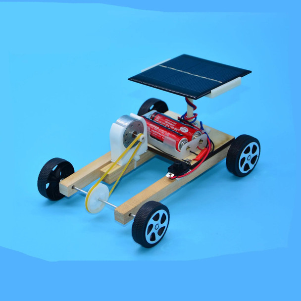 Science and technology small production of wooden solar car electric creative science experiment students put together toys