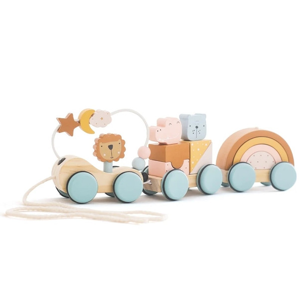 Wooden Montessori Toys Animal Block Dragging Stars Moon Surround Train Hand Coordination Stacking Toy Handmade Decoration Gifts