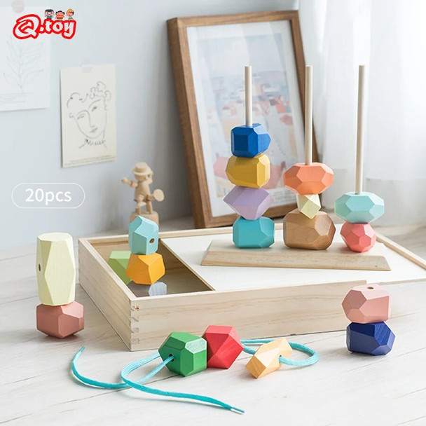 Multi-function Wooden Rainbow Stones Balance Building Blocks Stacking Beading Wood Toy Montessori Educational Toys for Children