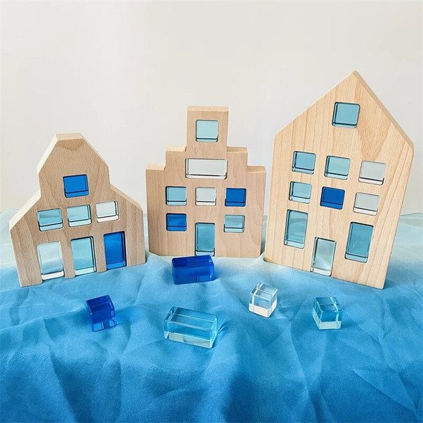 Dutch House with Lucent Cubes Open Ended Play Toys Montessori Activity for Kids Translucent Sparkling Cubes Stacking Blocks