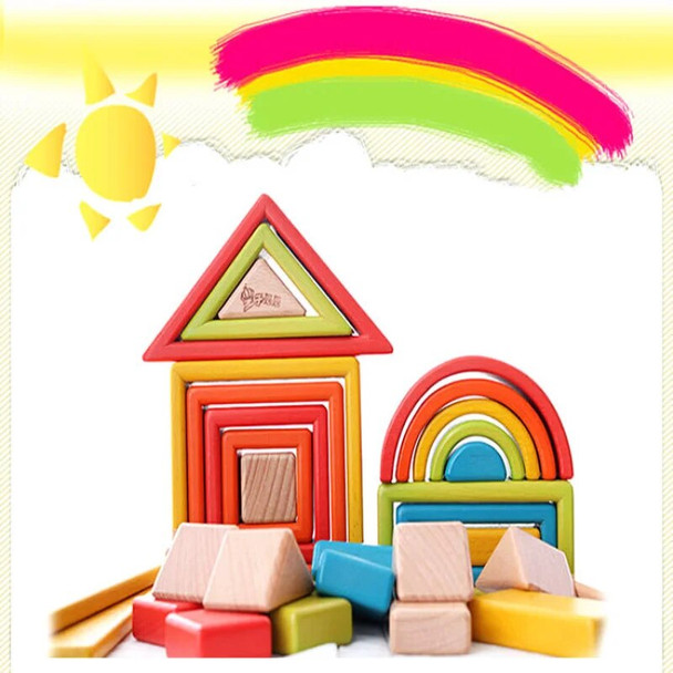 Wooden Rainbow Blocks Kids Montessori Stacking Game Color Perception Early Education Puzzle Pile Tower Solid Wood Stacking Toys