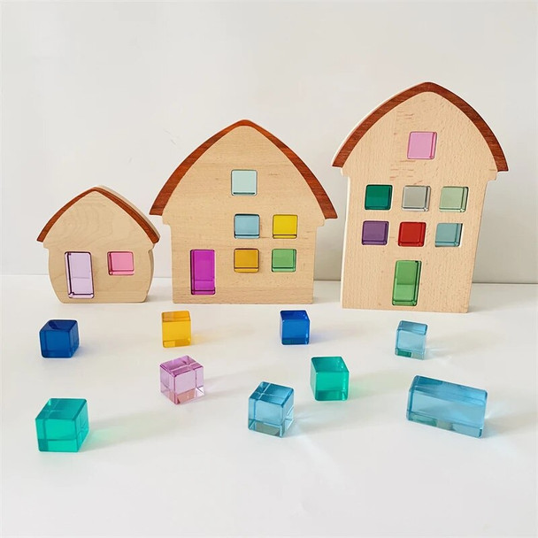 Wooden House Acrylic Lucent Cubes Kids Stacking Blocks Translucent Rainbow Gem Stone Stacker Open Ended Toys for Children