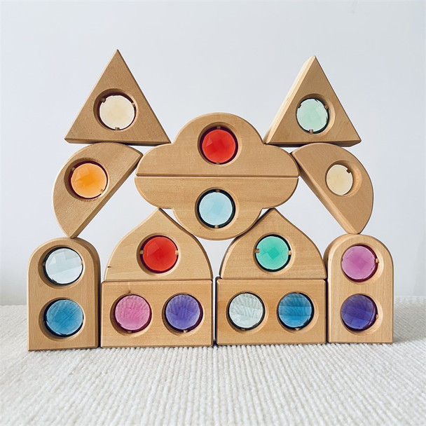 Large Wooden Fairy Tale Windows Blocks with Sparkling Stone Acrylic Toy Gems Transparent Window Stacking Blocks for Children