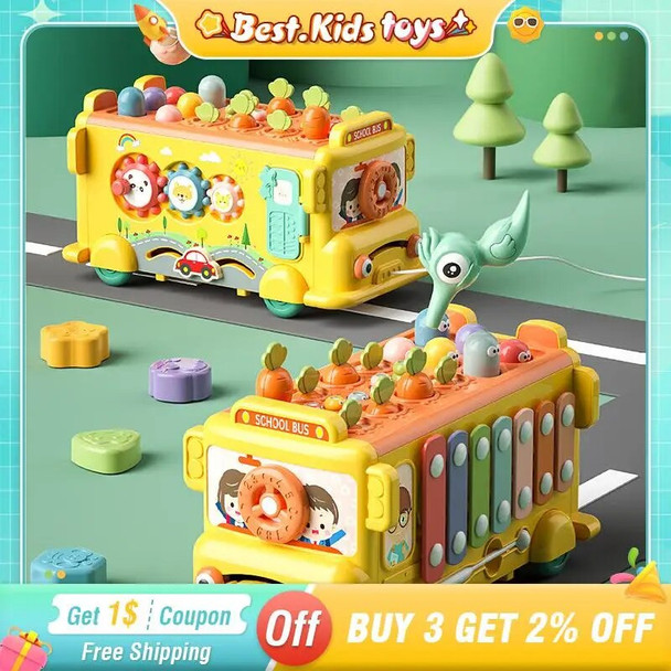 Baby Montessori Toys Whac-a-Mole Fishing Maze Puzzle Hammer Game Music Multifunctional Kids Bus Storage Box Educational Toys
