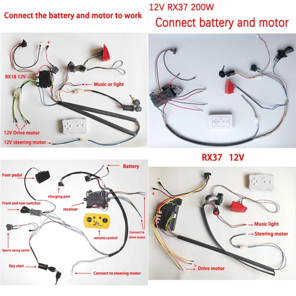 DIY 12V 200W children's electric car harness with wire,switch and remote control receiver 4WD Ride On Toys Accessories