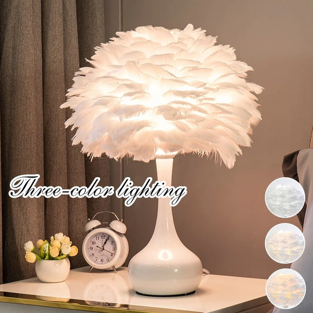 LED Feather Bedside Table Lamp Bedside Bedroom Desktop Nightstand Decoration Hotel Living Room USB Three-Color Night Light