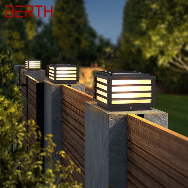 BERTH Solar Post Lamp Outdoor Vintage Simple Black Decor Pillar Light LED Waterproof IP65 for Home Villa Porch Courtyard