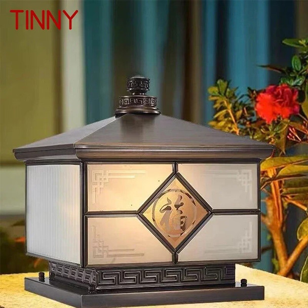 TINNY Outdoor Electricity Post Lamp Vintage Creative Chinese Brass Pillar Light LED Waterproof IP65 for Home Villa Courtyard