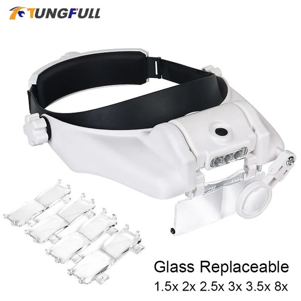 LED Headband Magnifier Hands Free Magnifying Glasses For Jewelry Loupe Watch Electronic Repair 1.5x2x2.5x3x3.5x8x Lens Loupe
