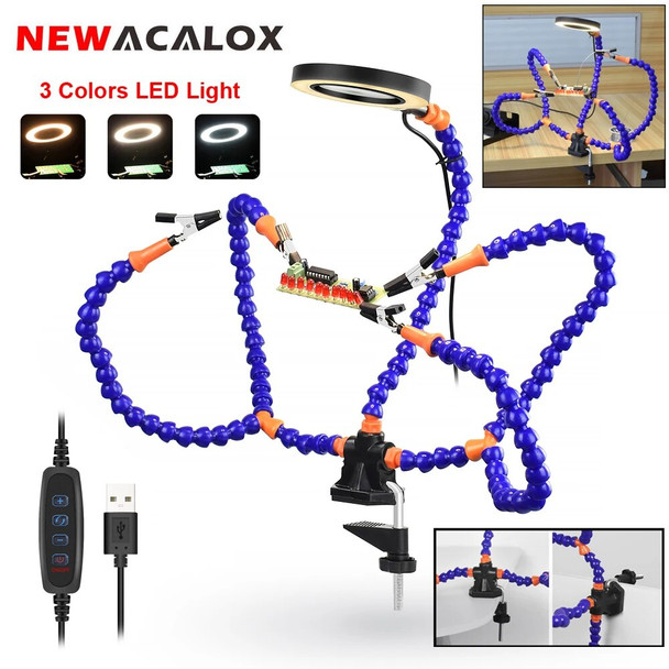 NEWACALOX Table Clamp Soldering Third Hand with 3X USB Magnifier LED Light 5Pcs Flexible Arms PCB Holder Welding Repair Tool