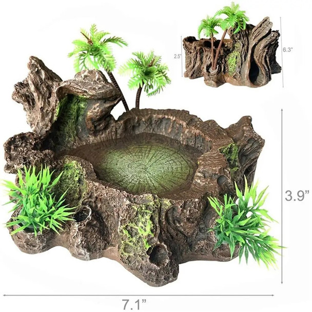 Reptile Food Feeding Bowl Water Dish Artificial Tree Trunk Moss Decor For Turtle Lizard Gecko Snake Dropship