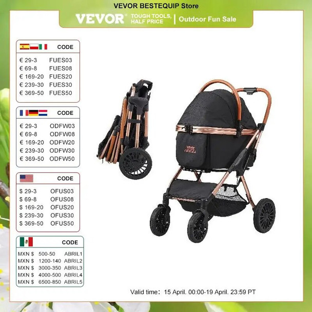 VEVOR 66 lbs Pet Stroller Foldable Dog Puppy Stroller with Brakes Storage Basket Detachable Carrier for Small to Medium Dogs