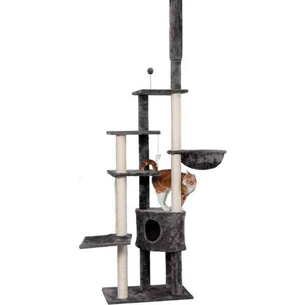 100"-113" Tall Cat Tree for Indoor Cats W/ Adjustable Height Condo & Toys - Gray Toy One Size Freight Free Houses and Habitats