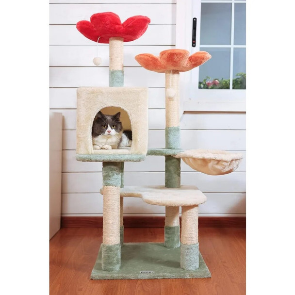 48 inch Cat Tree Tower Apartment, Plush Habitat Cat Amusement Platform, Toy Ball Pet House with Scratching Pillars