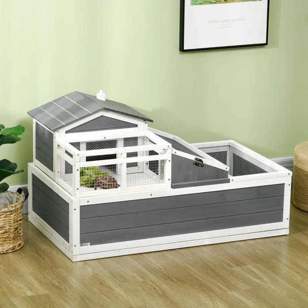 Wooden Tortoise House with Balcony, 2 Tiers Large Tortoise Habitat Indoor, Outdoor Reptile Cage with Ladder, Openable Roofs