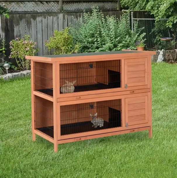 54" 2-Story Large Rabbit Hutch Bunny Cage Wooden Pet House Small Animal Habitat with Lockable Doors, No Leak Tray and waterproof