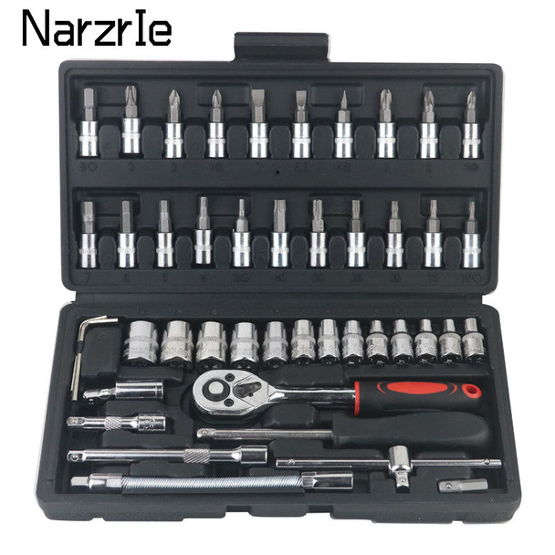 53/46 PCS Car Hand Tool Sets Repair Tool Kit Mechanical Tools Box for Home DIY 1/4" Socket Wrench Set Ratchet Screwdriver Bits