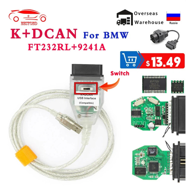 For BMW K+DCAN FTDI 9241A With Switch K DCAN OBD 2 OBD2 Interface OBDII Car Diagnostic Auto Tools K-line K line for inpa Cable