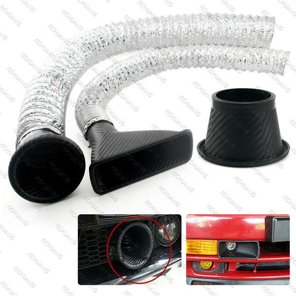 Universal Car Front Bumper Turbo Air Intake Pipe Kit ABS Turbine Inlet Pipe Air Funnel Carbon Fiber Look