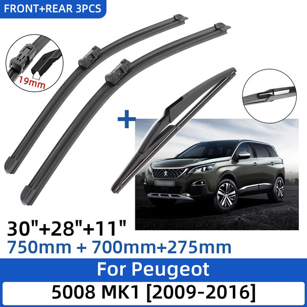 For Peugeot 5008 MK1 2009-2016 30"+28"+11" Front Rear Wiper Blades Windshield Windscreen Window Cutter Accessories 2015 2016