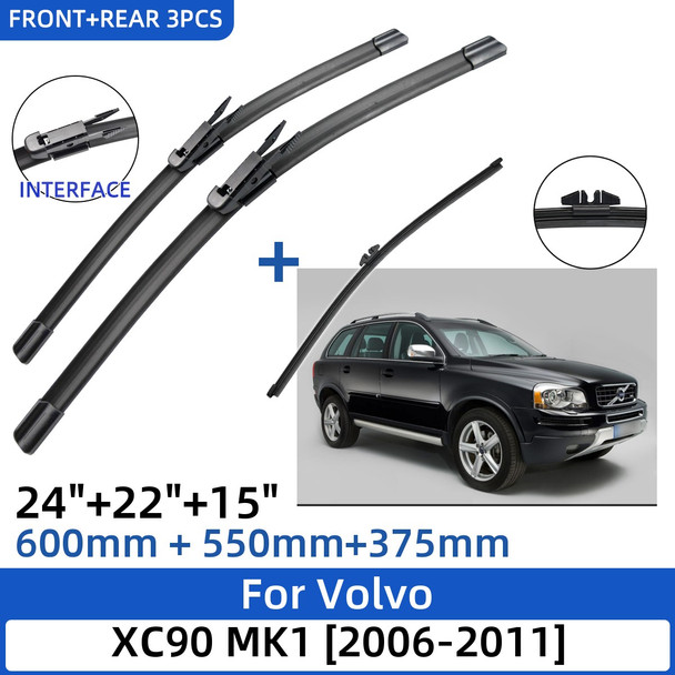 3PCS For Volvo XC90 MK1 2006-2011 24"+22"+15" Front Rear Wiper Blades Windshield Windscreen Window Cutter Accessories 2010 2011