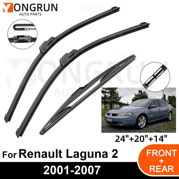 3PCS Car Wiper for Renault Laguna 2 Estate Combi 2001-2007 Front Rear Windshield Windscreen Wiper Blade Rubber Accessories