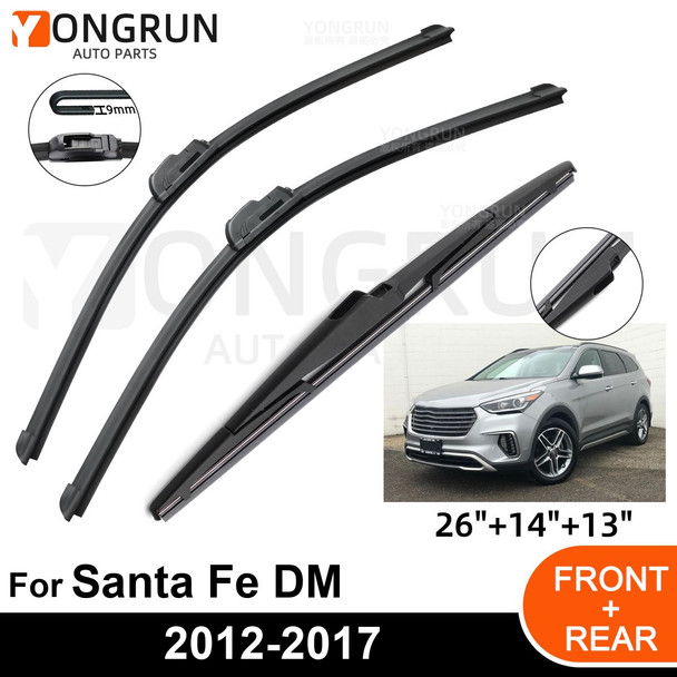 3PCS Car Wiper for Hyundai Santa Fe DM 2012-2017 Front Rear Windshield Windscreen Wiper Blade Rubber Accessories