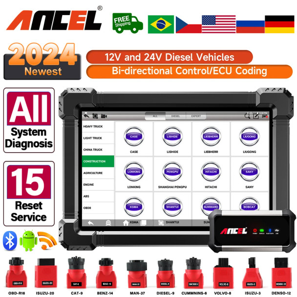 2024 Ancel X7 HD Diesel Heavy Duty Truck Diagnostic Tool ECU Oil Reset Bi-directional 24V 12V All System OBD2 Truck Scanner