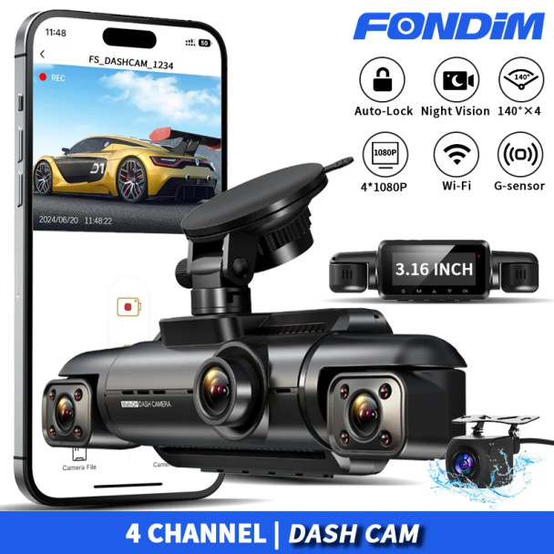 FONDIM Car Dash Cam 4 Channel A99 FHD 1080P for Car DVR 360°Auto Video Recorder with Night Vision WiFi Support 256GB