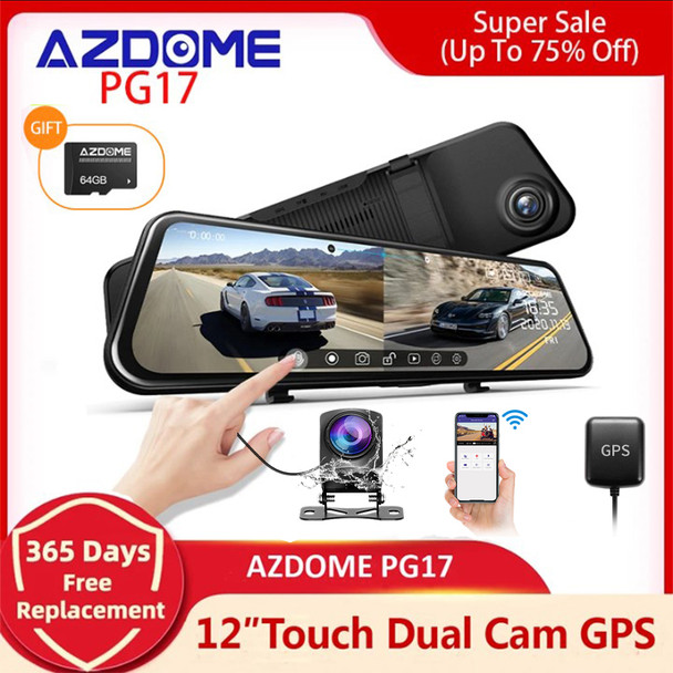 AZDOME PG17 Front and Rear Dual Dash Camera Mirror Dash Cam for Cars 11.8" Full Touch Screen 2K Night Vision Backup Camera