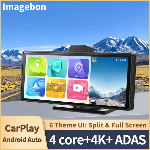 10.26" Wireless CarPlay & Android Auto Dash Cam ADAS Touch Screen 4K DVRs GPS Navigation Dashboard Video Recorder 24H Park AUX