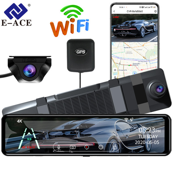 E-ACE 12 Inch 4K Car Dvr Mirror WiFi GPS IPS Screen Stream Rear View Dash Cam Mirror Dual Car Camera Drive Recorder Black Box