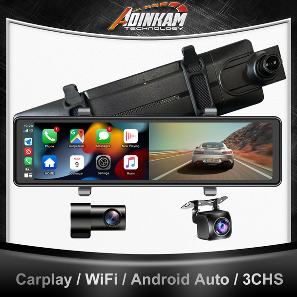 11.26 Inch Carplay Android Auto Streaming Media Mirror Dashcam ADINKAM 3 Cameras DVR Support 3 Audios Built In WiFi Car Recorder
