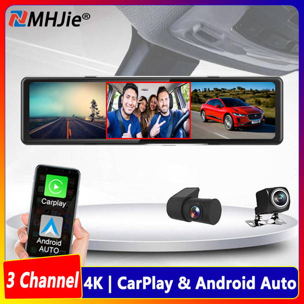 4K UHD 11.26 Inch 3 Channel Dash Cam GPS with Wireless Apple Carplay & Android Auto Voice Control Backup Camera IR Night Vision