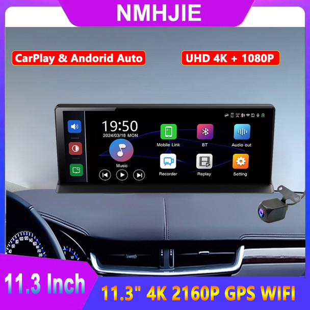 11.3" 4K Dash Cam Video Recorder Camera Carplay & Android Auto Smart Player GPS Navigation Car DVR Dashboard Dual Lens Monitor