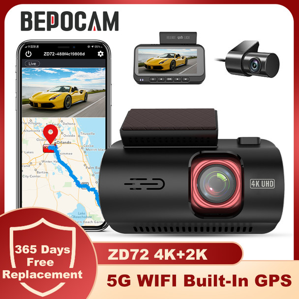 BEPOCAM ZD72 4K Dash Cam Built-In GPS 5G WiFi Car DVR Camera With Rear Cam For Vehicles 4K+2K Dual Channel 170FOV Auto Recorder