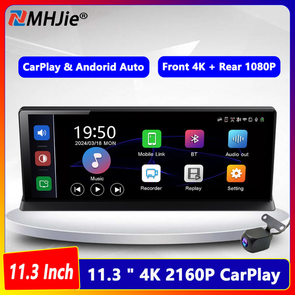 11.3 " 4K Dash Cam Rearview Camera Carplay & Android Auto Smart Player GPS Navigation Car DVR WIFI Dual Lens Dashboard Monitor