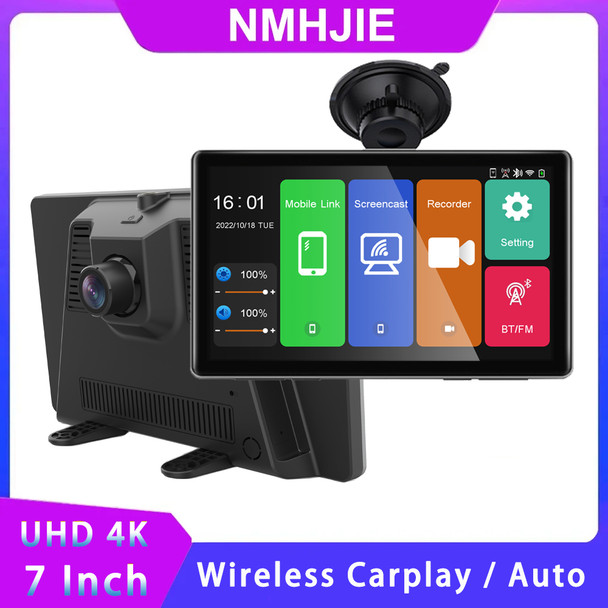 NMHJIE 7" Universal Dash Cam Rearview Camera Wireless Carplay&Android Auto AUX UHD 4K Car DVR Video Recorder Dashboard Dual Lens