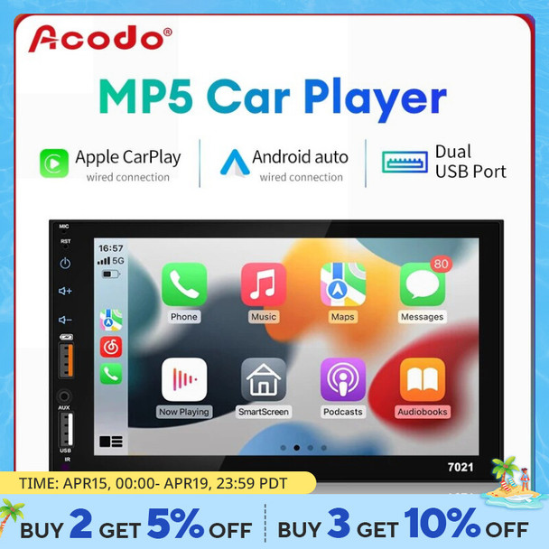 Acodo Dual USB 7Inch Carplay Android Auto Capacitive Screen Full Touch HD Car MP5 Player USB Bluetooth TF Card Touch Screen