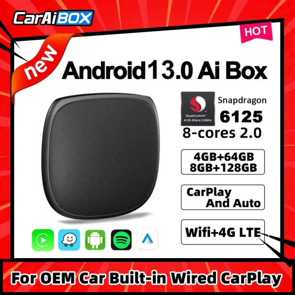 CarAiBOX CarPlay Ai Box Qualcomm 6125 8-Core CPU Android 13.0 Wireless CarPlay Android auto For OEM Car Built-in Wired CarPlay