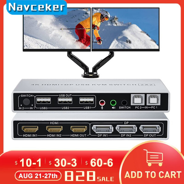 HDMI DisplayPort KVM Switch Dual Monitor 4K 60Hz 2x2 Mixed inputs DP