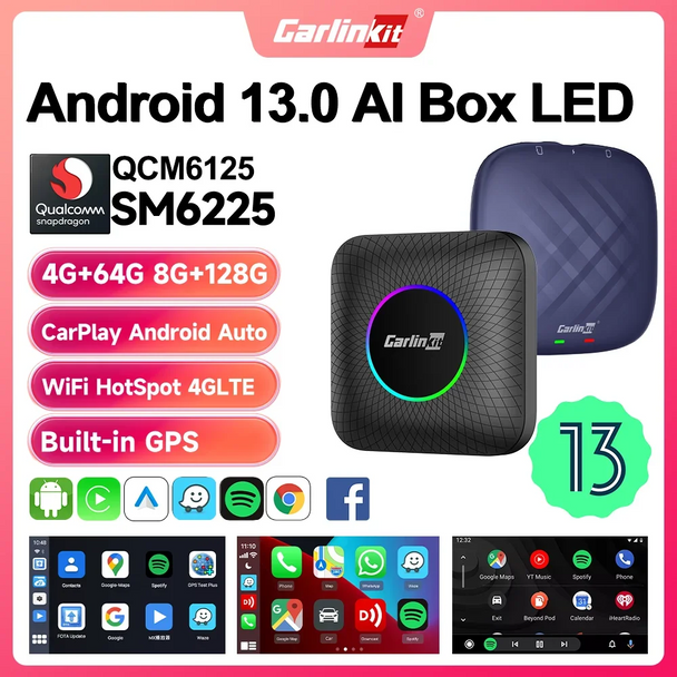 2024 CarlinKit CarPlay AI Box Android 13.0 QCM6225 8-Core Android Auto Wireless CarPlay Adapter 2.4+5GGPS 64G 128G FOTA Upgrade