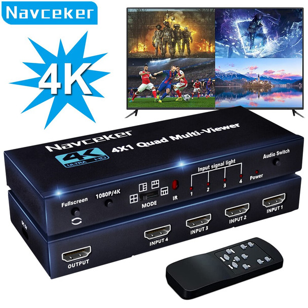 Navceker Kvm Hdmi-compatible Multiviewer 4k 4 In 1 Out 1080p Quad