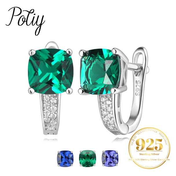 Potiy Cushion Created Sapphire Nano Emerald Tanzanite Hoop Earrings 925 Sterling Silver for Women Daily Party Jewelry sets gift