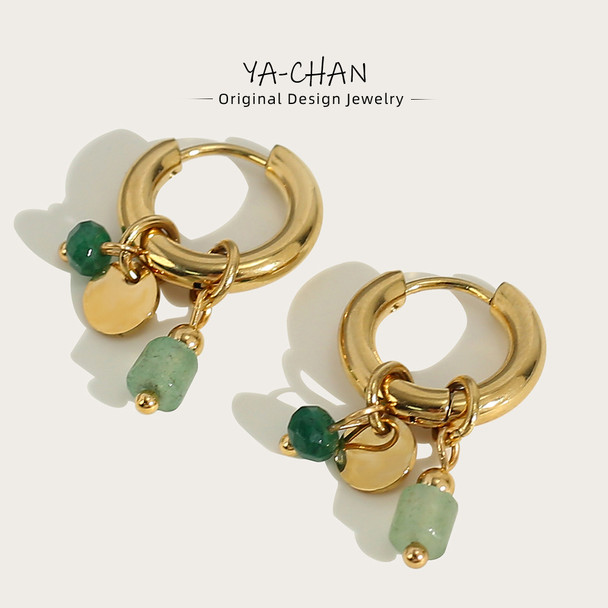 YACHAN 18K Gold Plated Stainless Steel Hoop Earrings for Women Vintage Green Natural Stone Charms Trendy Waterproof Jewelry