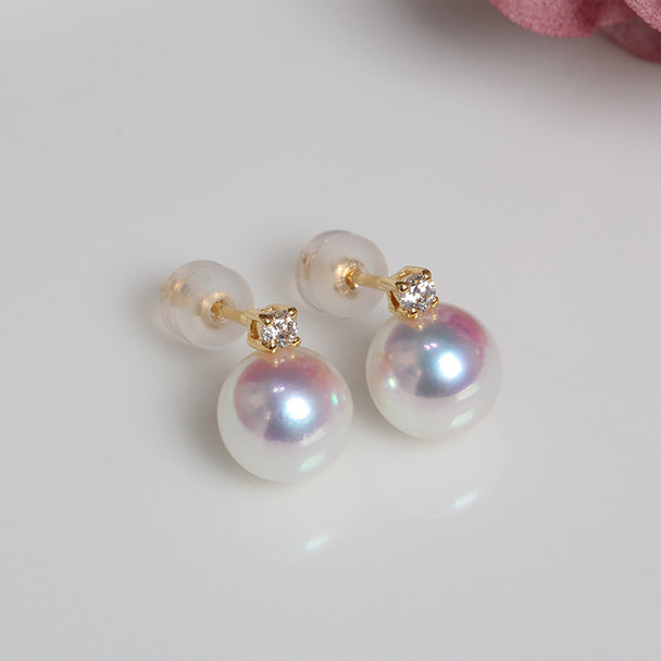 18K Gold Stud Earrings,Real Akoya Pearl Earrings For Women,Classic Au750 Yellow Gold Wedding Earrings Fine Gift