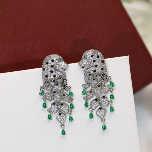 Europe America Designer Luxury Women Lady Setting Full Czech Zircon Green Eyes Leopard Black Spot Tassels Stud Earrings